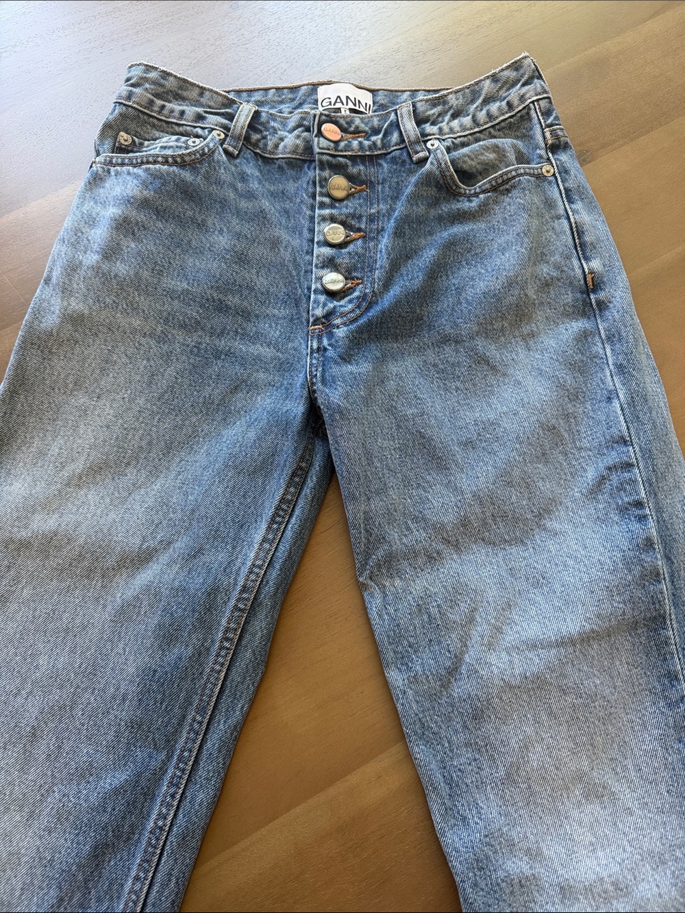 Ganni High-Rise Button-Fly Washed Blue Jeans